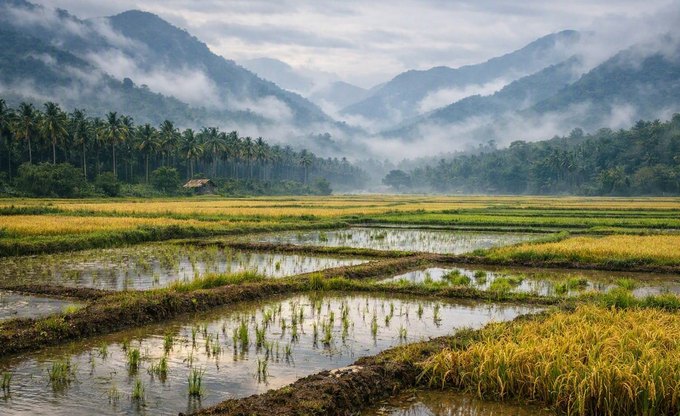 Misty paddy terraces resting between seasons