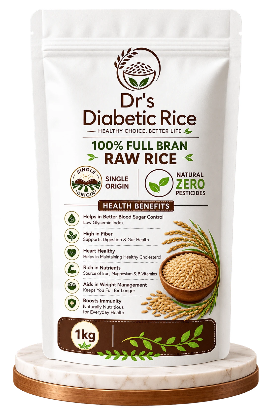 Dr's Diabetic Rice — 100% Full Bran Raw Rice pack, front label