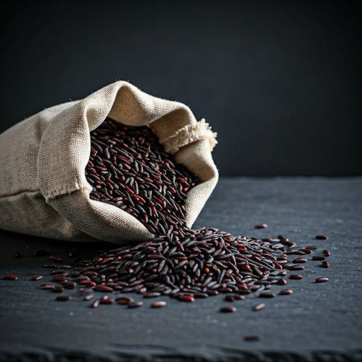 Premium black rice spilling from a cloth sack